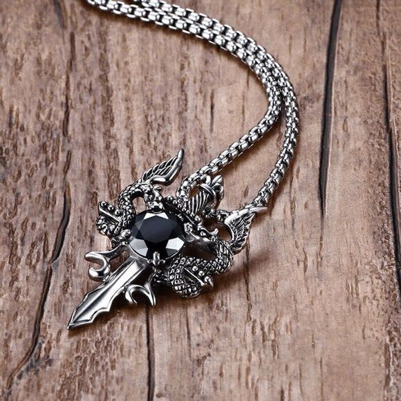 STAINLESS STEEL BLACK DIAMOND TWIN DRAGON CROSS SWORD NECKLACE - Picture 3 of 7